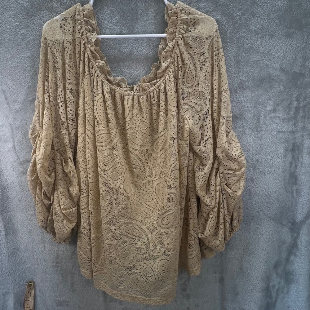 Tan‎ Lace Off Shoulder Blouse 18/20W Balloon Sleeve Boho Peasant Fairycore